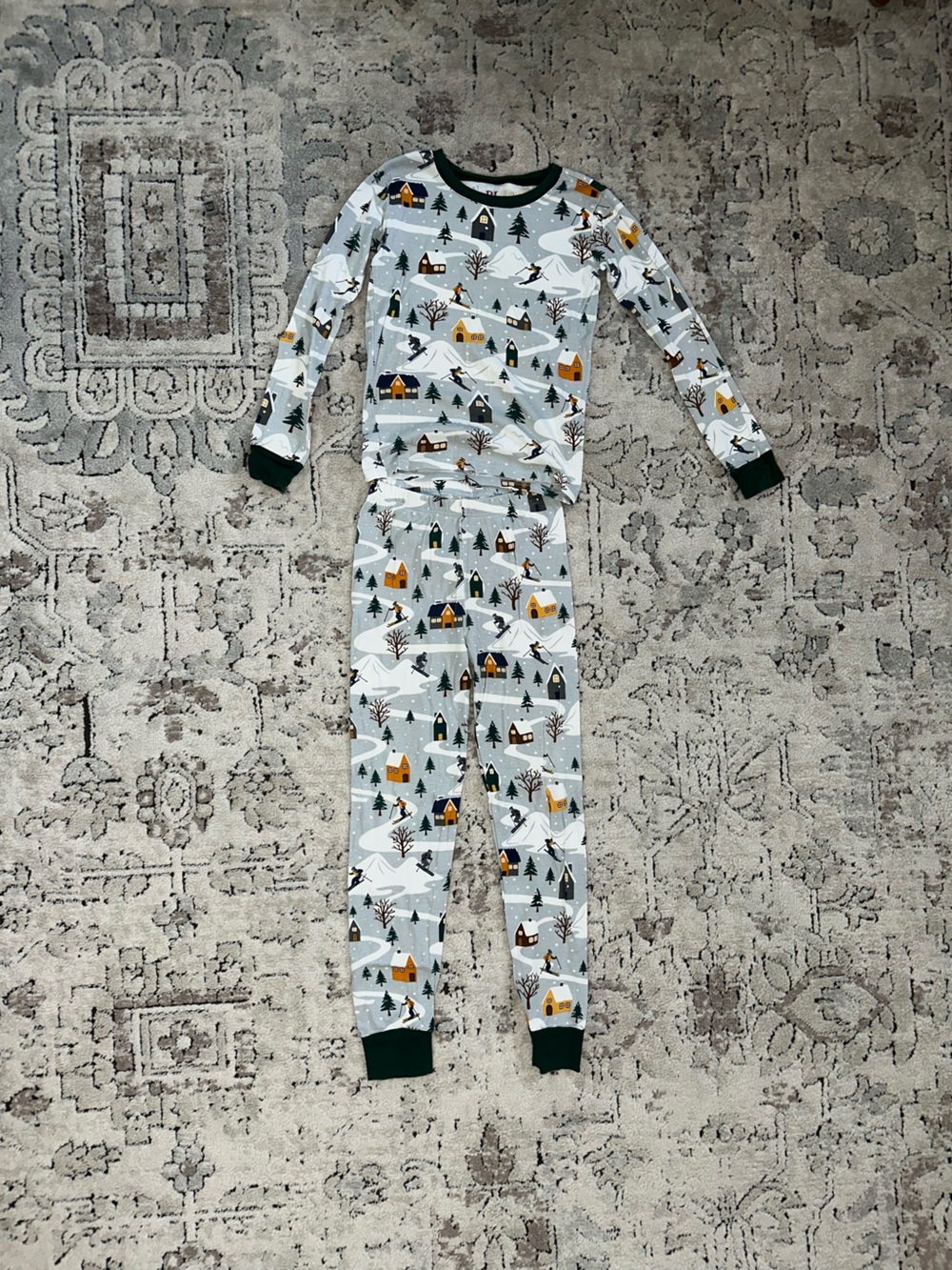 The Children's Place Gray Cabin & Tree Pajama Set with Green Cuffs